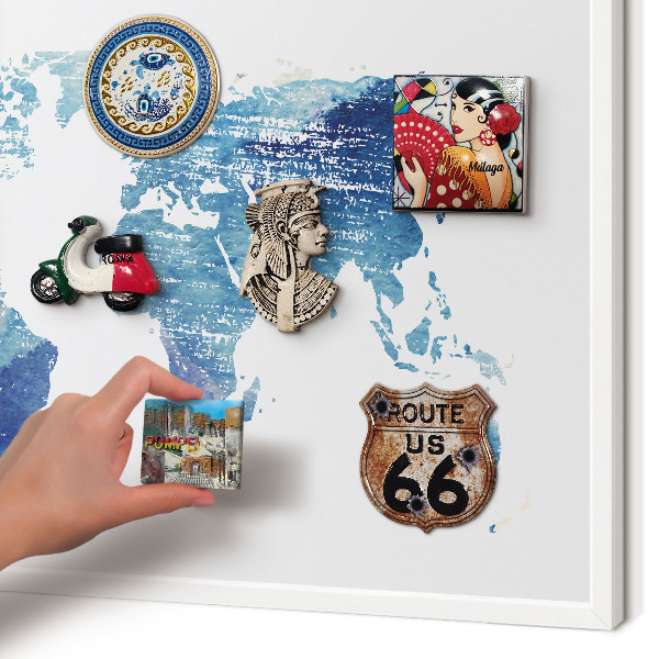 Magnetic board for travel magnets in a white frame Watercolor map