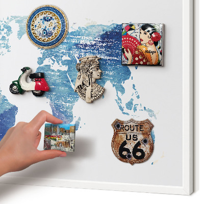 Magnetic board for travel magnets in a white frame Watercolor map