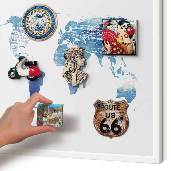 Magnetic board for travel magnets in a white frame Watercolor map
