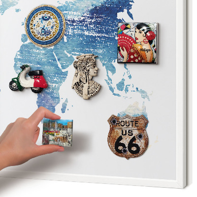 Magnetic board for travel magnets in a white frame Watercolor map