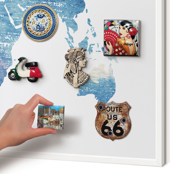 Magnetic board for travel magnets in a white frame Watercolor map