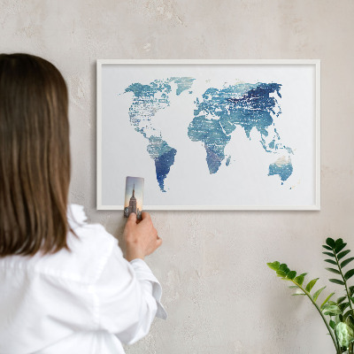 Magnetic board for travel magnets in a white frame Watercolor map