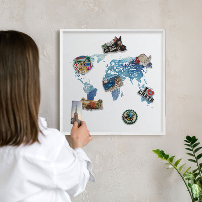 Magnetic board for travel magnets in a white frame Watercolor map