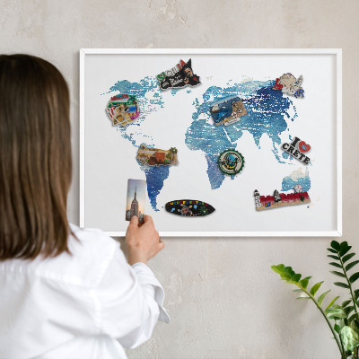 Magnetic board for travel magnets in a white frame Watercolor map
