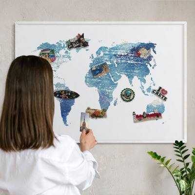 Magnetic board for travel magnets in a white frame Watercolor map
