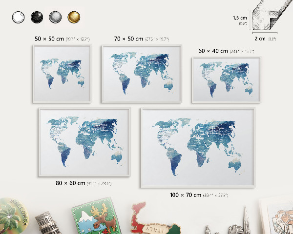 Magnetic board for travel magnets in a white frame Watercolor map