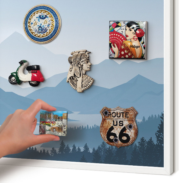 Magnetic board for travel magnets in a white frame Mountain harmony