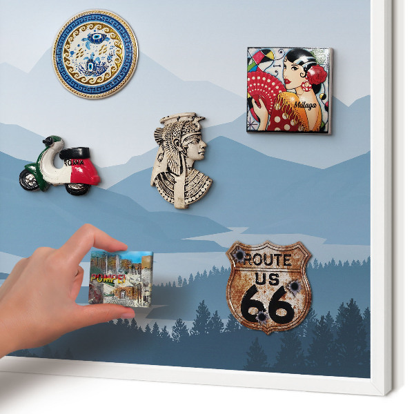 Magnetic board for travel magnets in a white frame Mountain harmony