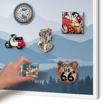 Magnetic board for travel magnets in a white frame Mountain harmony