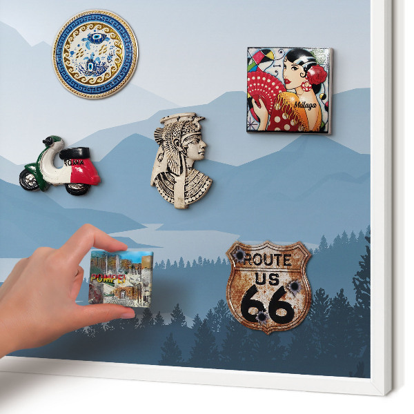 Magnetic board for travel magnets in a white frame Mountain harmony