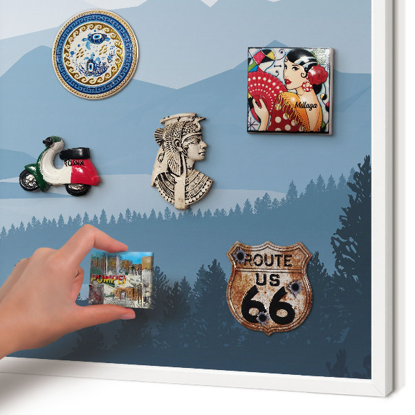 Magnetic board for travel magnets in a white frame Mountain harmony