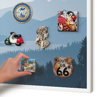 Magnetic board for travel magnets in a white frame Mountain harmony