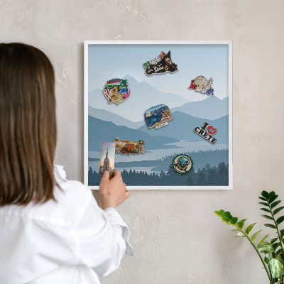 Magnetic board for travel magnets in a white frame Mountain harmony