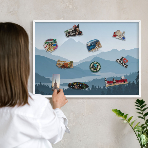 Magnetic board for travel magnets in a white frame Mountain harmony