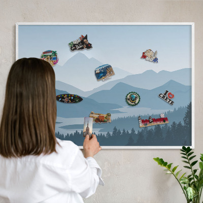 Magnetic board for travel magnets in a white frame Mountain harmony