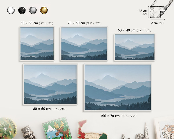 Magnetic board for travel magnets in a white frame Mountain harmony