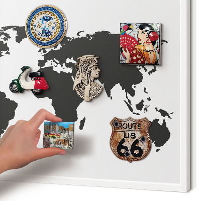 Magnetic board for travel magnets in a white frame World map