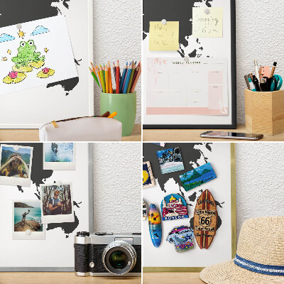 Magnetic board for travel magnets in a white frame World map