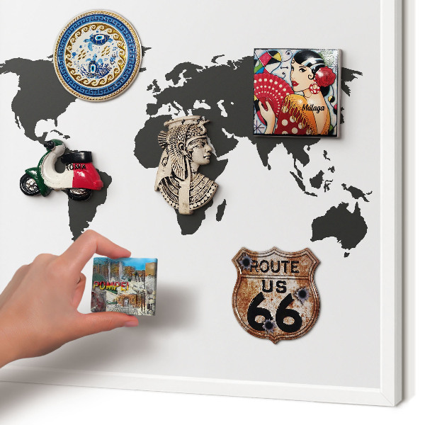Magnetic board for travel magnets in a white frame World map