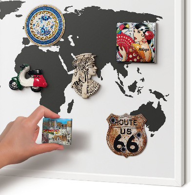 Magnetic board for travel magnets in a white frame World map
