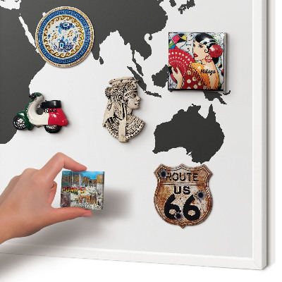 Magnetic board for travel magnets in a white frame World map