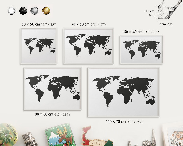 Magnetic board for travel magnets in a white frame World map