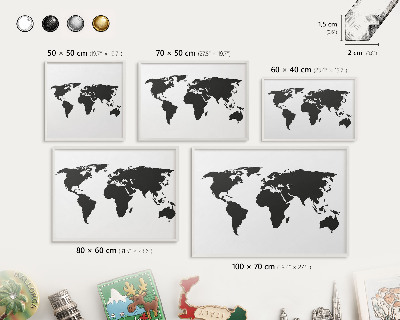Magnetic board for travel magnets in a white frame World map
