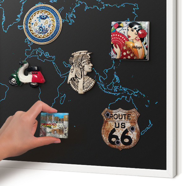 Decorative magnet board with a white frame World map