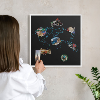 Decorative magnet board with a white frame World map