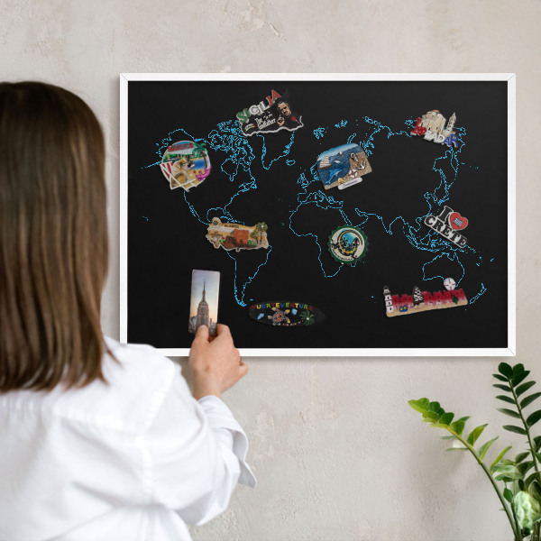 Decorative magnet board with a white frame World map