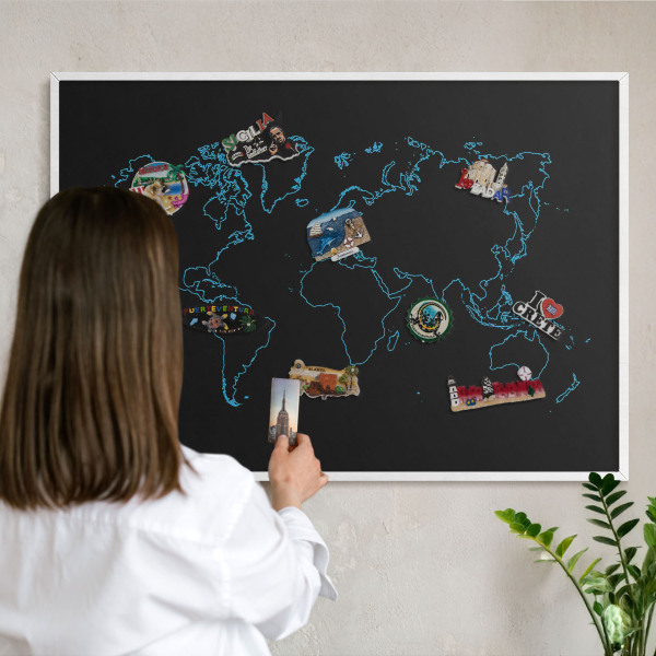 Decorative magnet board with a white frame World map