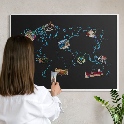 Decorative magnet board with a white frame World map