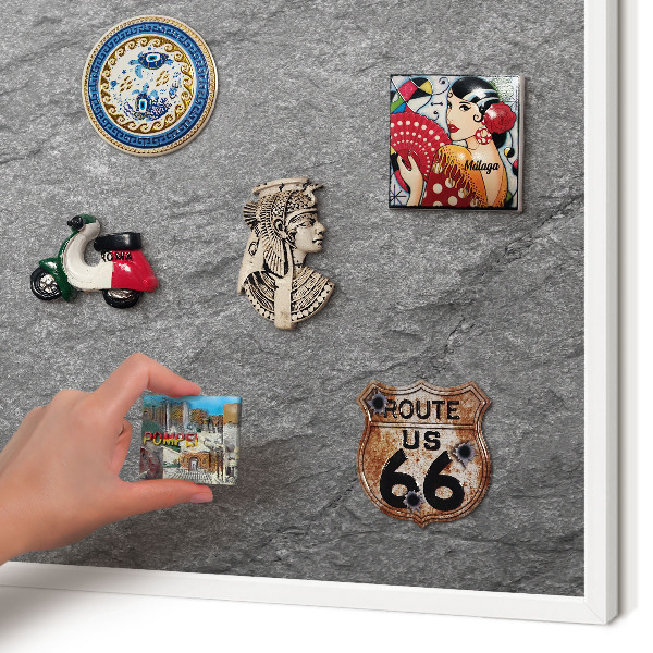 Magnetic board for travel magnets in a white frame Gray stone