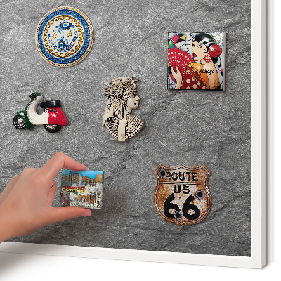 Magnetic board for travel magnets in a white frame Gray stone