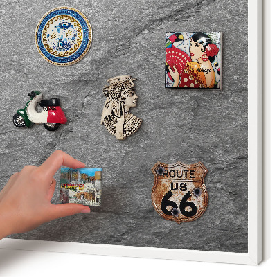 Magnetic board for travel magnets in a white frame Gray stone
