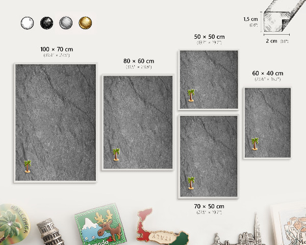 Magnetic board for travel magnets in a white frame Gray stone