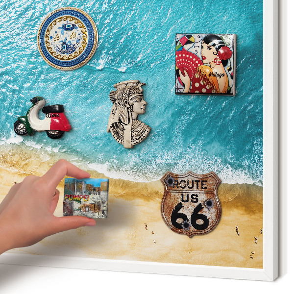 Magnetic board for travel magnets in a white frame Sea and beach