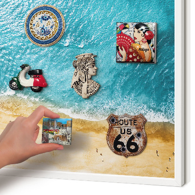 Magnetic board for travel magnets in a white frame Sea and beach