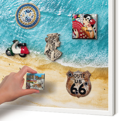 Magnetic board for travel magnets in a white frame Sea and beach