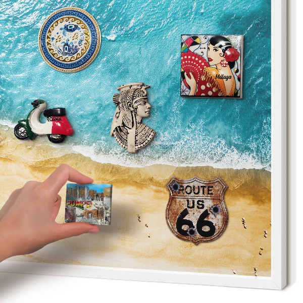 Magnetic board for travel magnets in a white frame Sea and beach