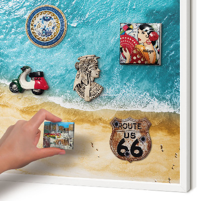 Magnetic board for travel magnets in a white frame Sea and beach