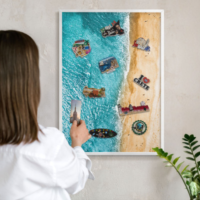 Magnetic board for travel magnets in a white frame Sea and beach