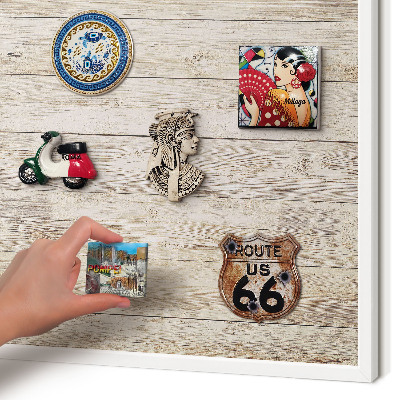 Magnetic board for travel magnets in a white frame Wooden texture