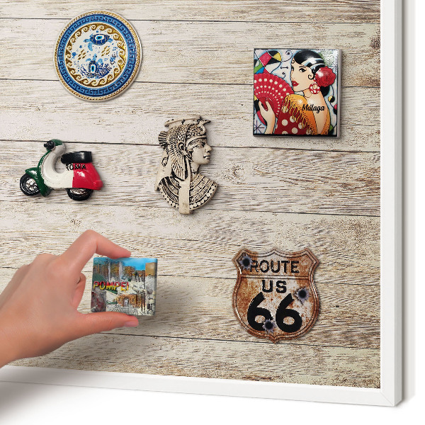 Magnetic board for travel magnets in a white frame Wooden texture