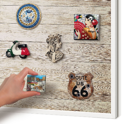 Magnetic board for travel magnets in a white frame Wooden texture