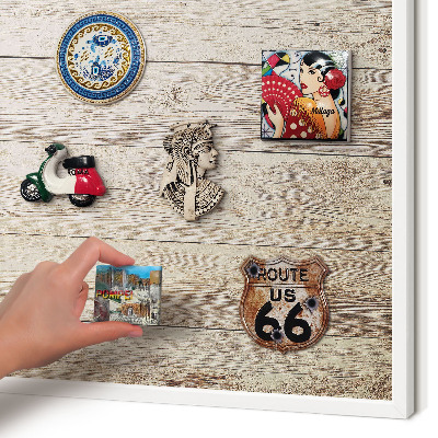 Magnetic board for travel magnets in a white frame Wooden texture