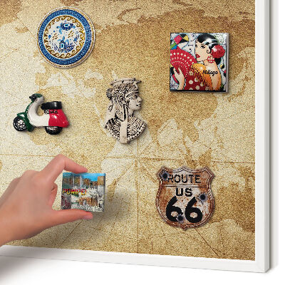 Magnetic board for travel magnets in a white frame Old map