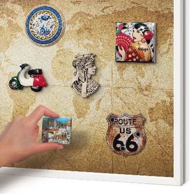 Magnetic board for travel magnets in a white frame Old map