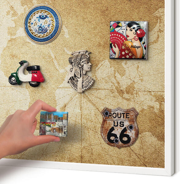 Magnetic board for travel magnets in a white frame Old map