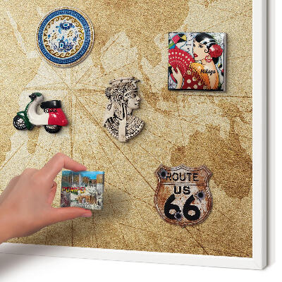 Magnetic board for travel magnets in a white frame Old map
